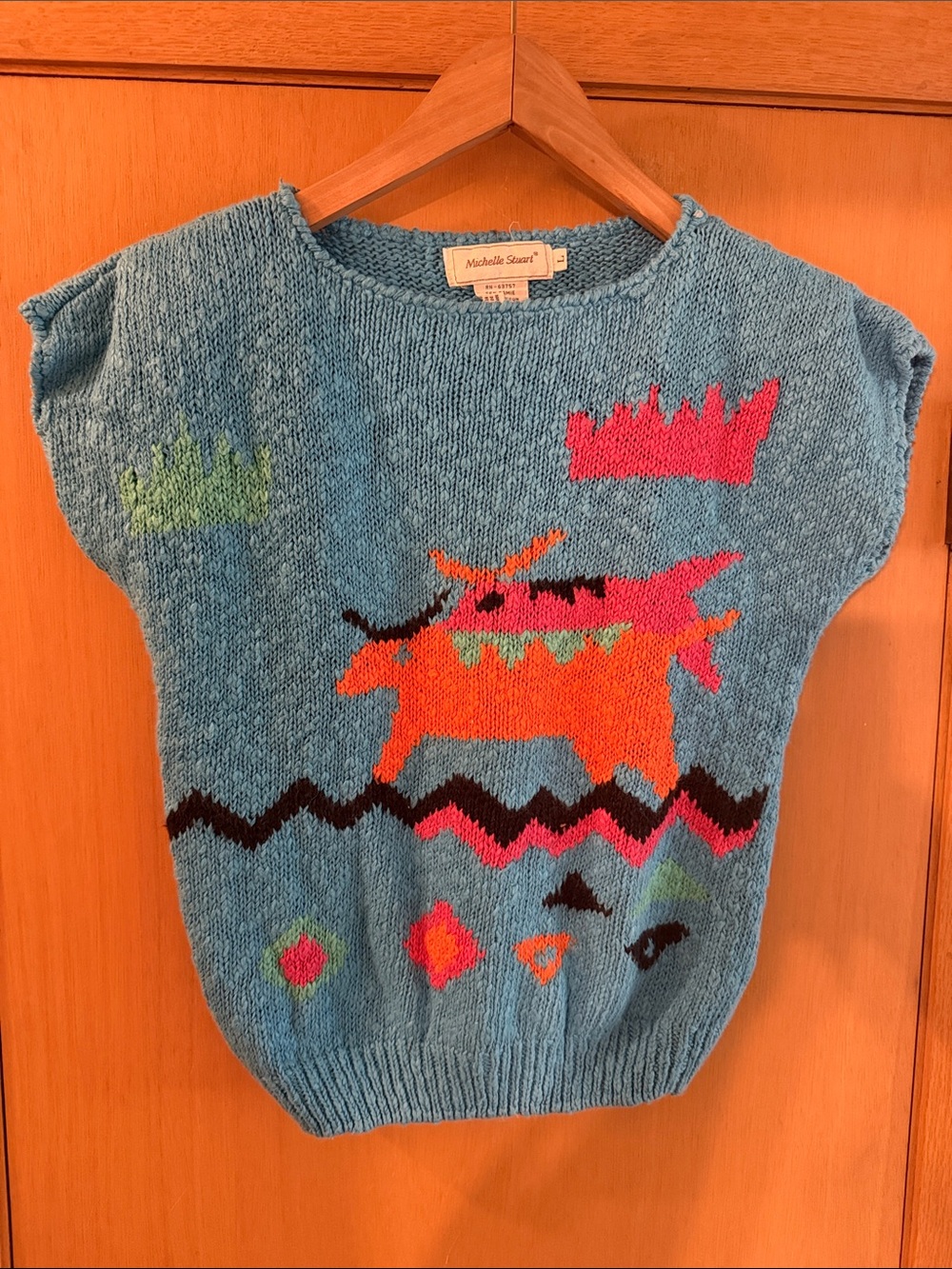Michelle Stuart Women’s Vintage Knit Sweater Top Colorful Bull Motif Blue M-L